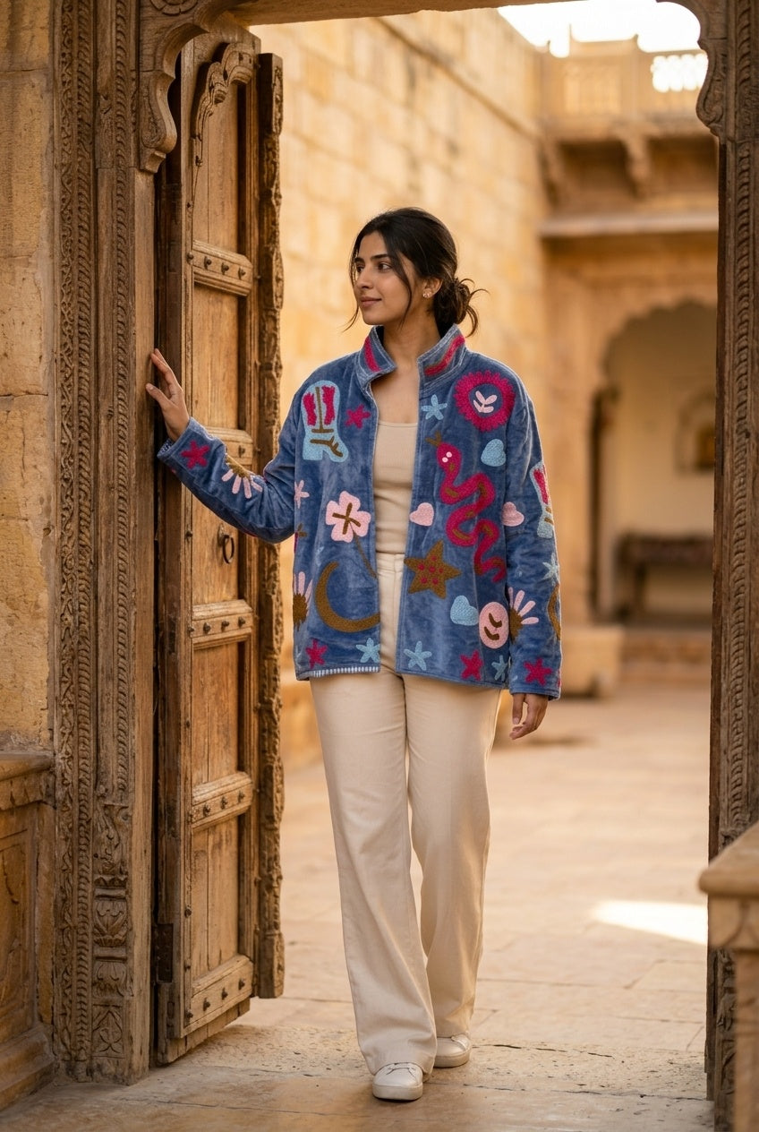 The Desert Serpent — Hand-Embroidered Velvet Jacket — Denim Blue with Fuchsia & Olive Motifs