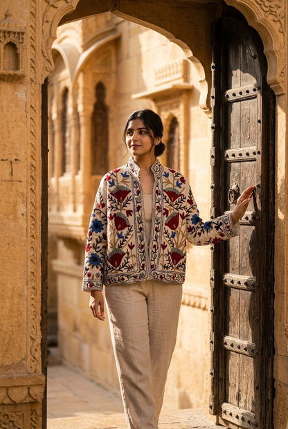 The Bagh-e-Suzani — Hand-Embroidered TNT Cotton Jacket — Ivory with Maroon & Indigo Florals