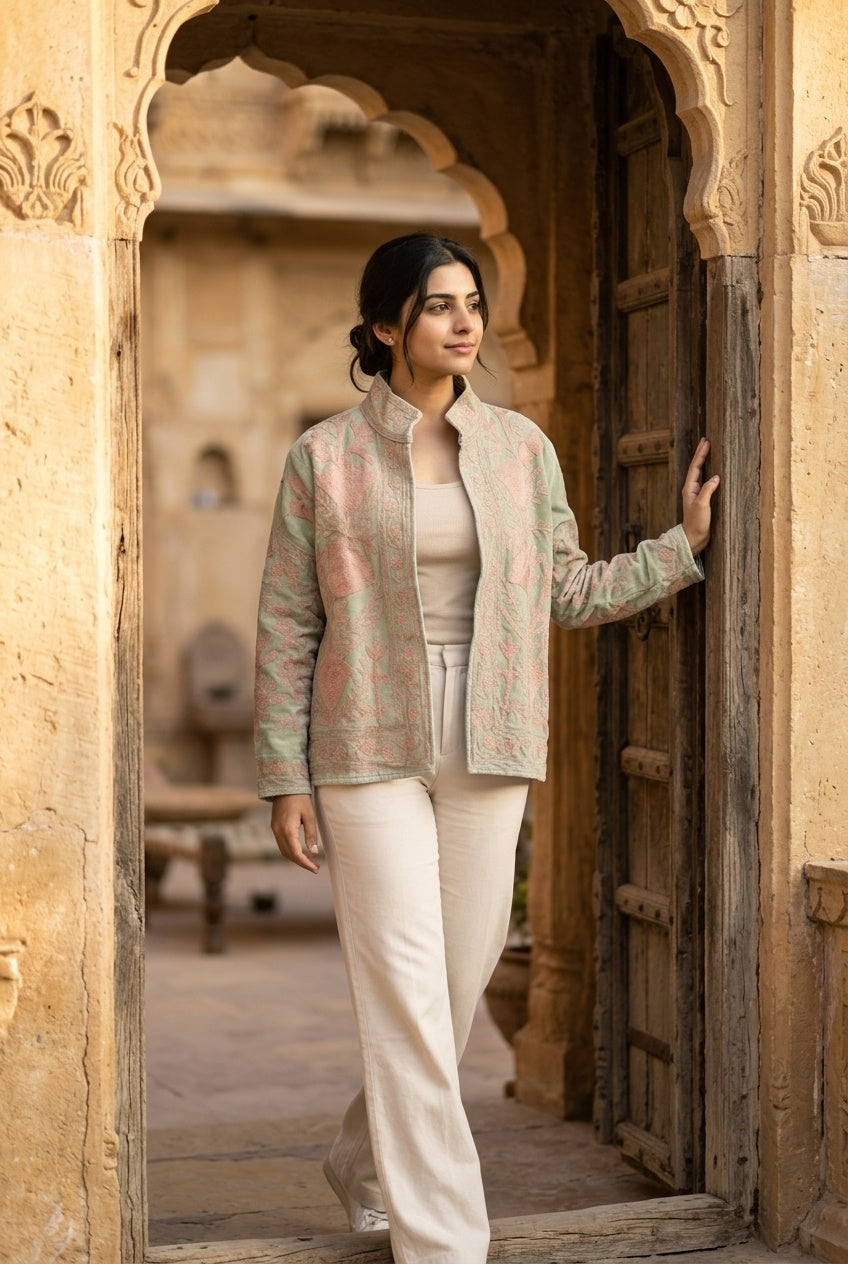 The Nasreen Orchard — Suzani Hand-Embroidered Velvet Jacket — Sage Green with Dusty Rose Florals