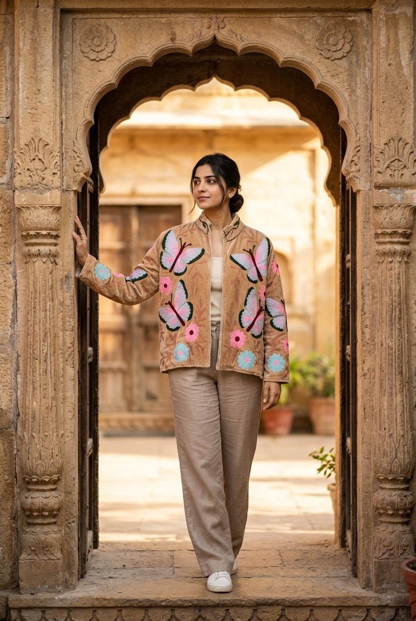The Parwana Bostan — Suzani Hand-Embroidered Velvet Jacket — Camel Gold with Pink, Turquoise & Maroon Butterflies