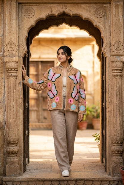The Parwana Bostan — Suzani Hand-Embroidered Velvet Jacket — Camel Gold with Pink, Turquoise & Maroon Butterflies