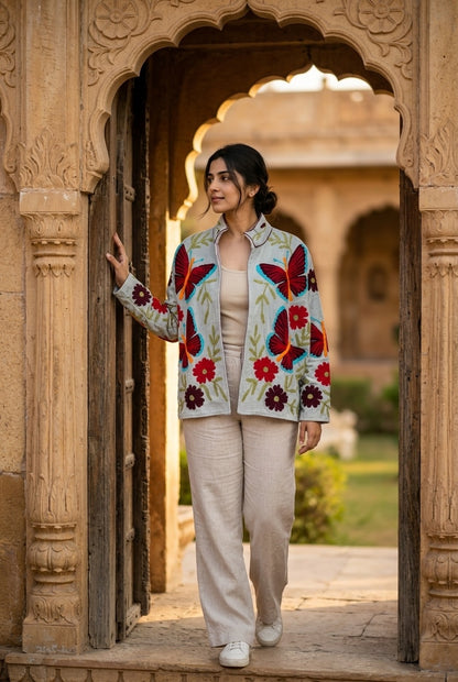 The Titli Chandni — Suzani Hand-Embroidered Velvet Jacket — Ice Grey with Crimson Butterflies & Ruby Florals