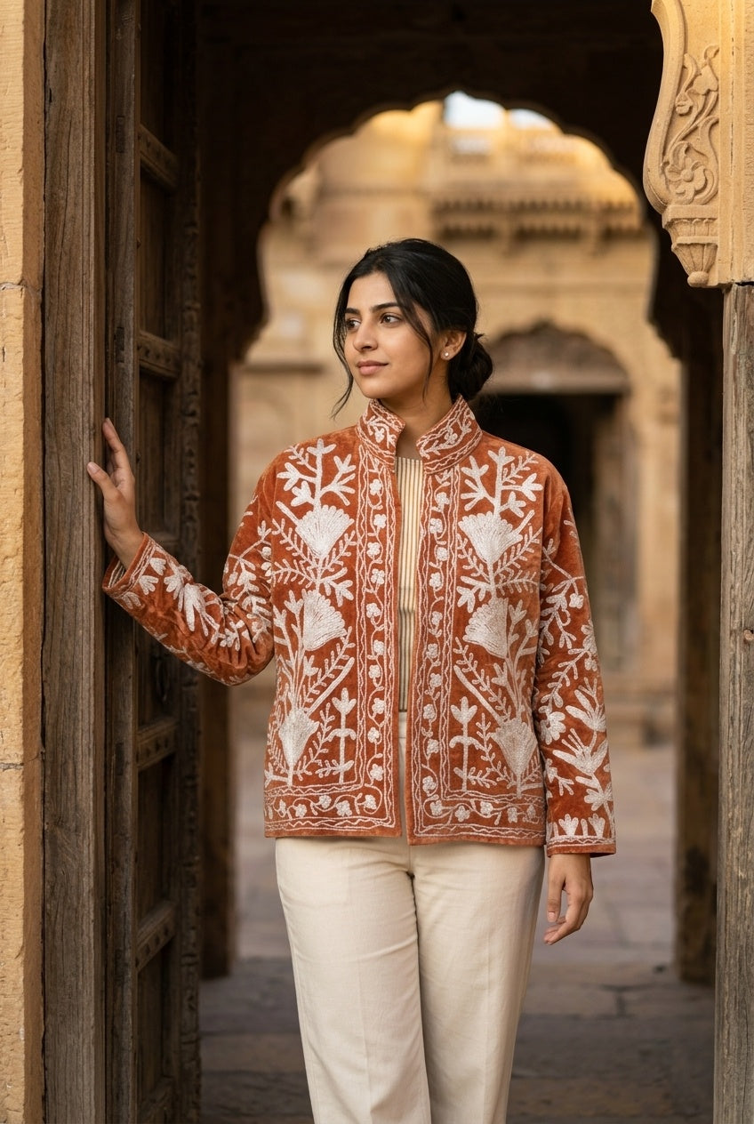 The Rustan Tulip — Suzani Hand-Embroidered Velvet Jacket — Rust Brown with Ivory Floral Vinework