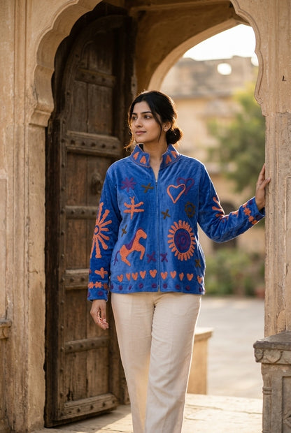 The Ashwa Mela — Suzani Hand-Embroidered Velvet Jacket — Cornflower Blue with Coral, Violet & Olive Folk Motifs