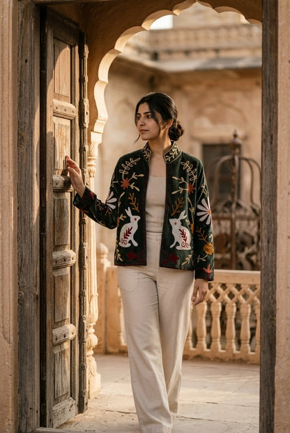 The Moonlit Hare — Suzani Embroidered Velvet Jacket — Forest Green