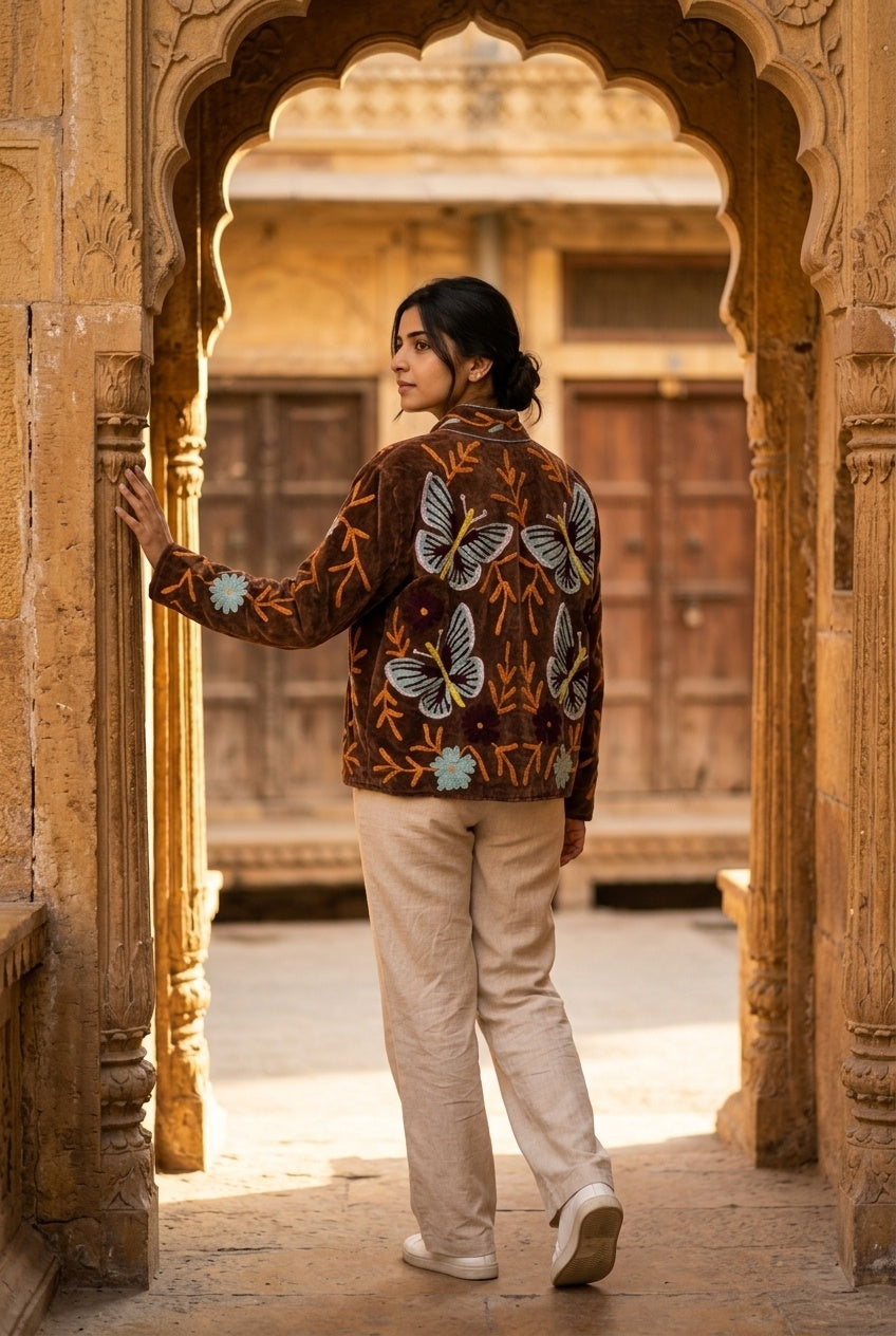 The Titli Meadow — Suzani Hand-Embroidered Velvet Jacket — Espresso Brown with Sage Butterflies & Marigold Vines