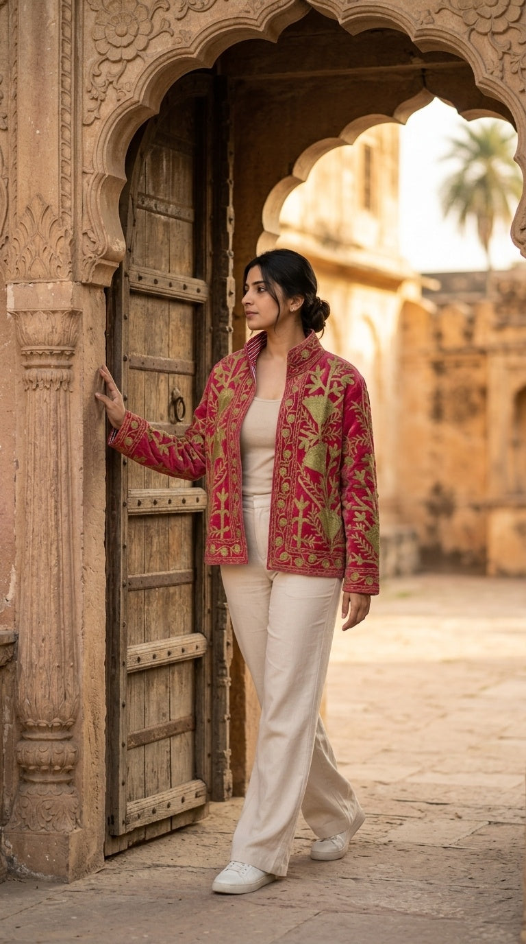 The Anarkali Vine — Suzani Hand-Embroidered Velvet Jacket — Rani Pink with Olive Gold Pomegranates