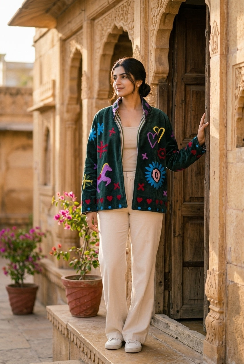 The Ghoda Yatra — Suzani Hand-Embroidered Velvet Jacket — Forest Green with Horse, Heart & Sunburst Motifs