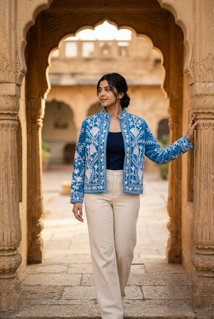 The Snowvine Thicket — Suzani Hand-Embroidered Velvet Jacket — Denim Blue with Ivory Floral Vinework