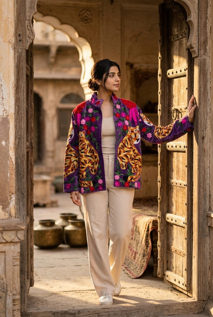 The Tiger's Garden — Hand-Embroidered Velvet Jacket — Amethyst Purple