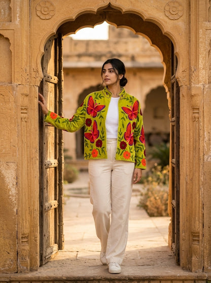 The Titli Chaman — Suzani Hand-Embroidered Velvet Jacket — Chartreuse Green with Crimson Butterflies & Garnet Florals