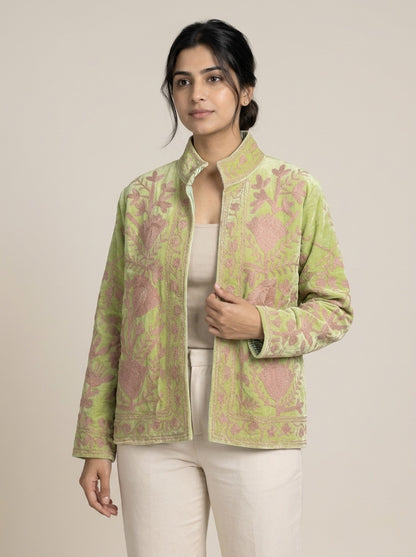 The Pista Bostan — Suzani Hand-Embroidered Velvet Jacket — Pistachio Green with Dusty Rose Florals