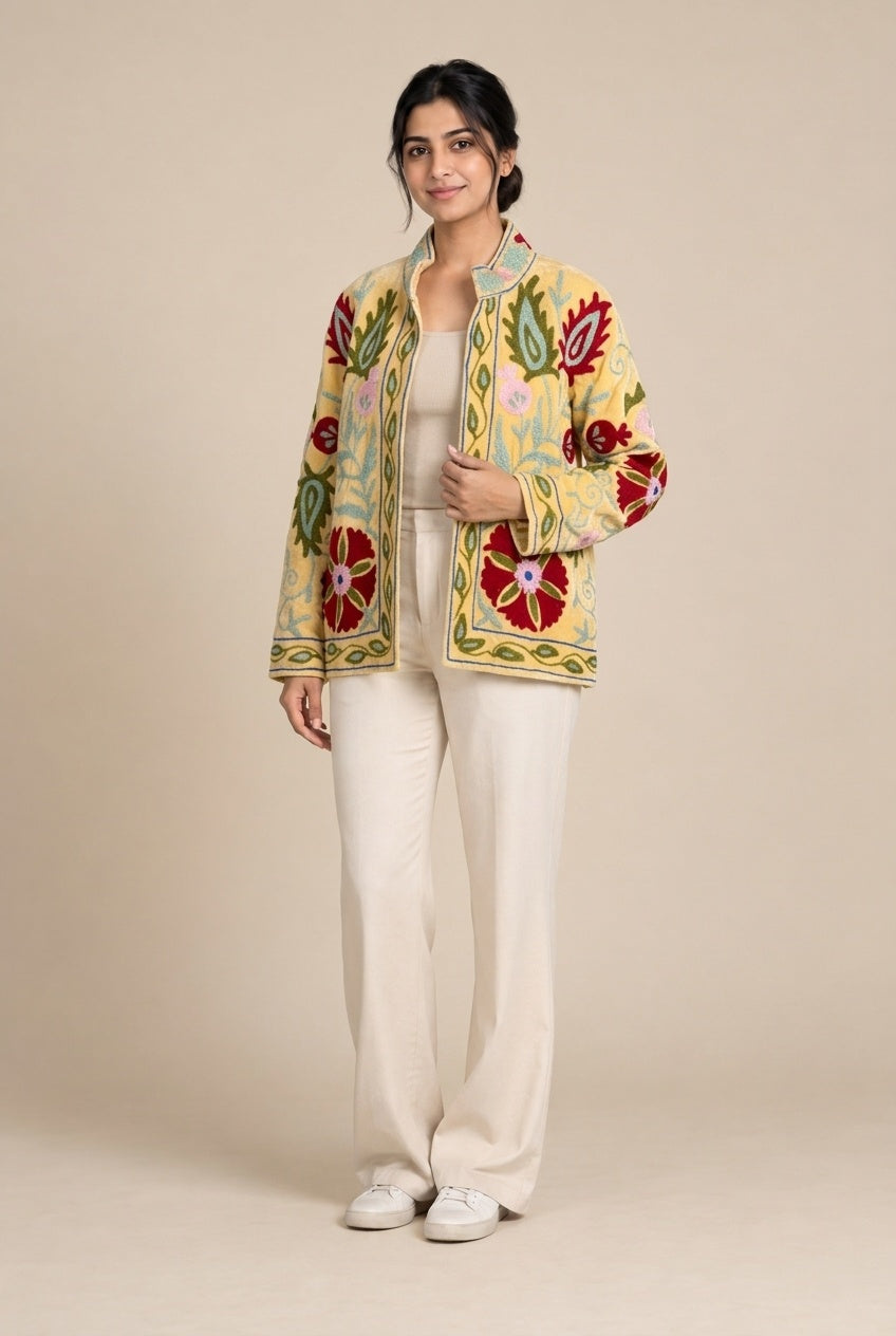 The Zard Bostan — Suzani Hand-Embroidered Velvet Jacket — Butter Yellow with Crimson Carnations & Sage Paisleys