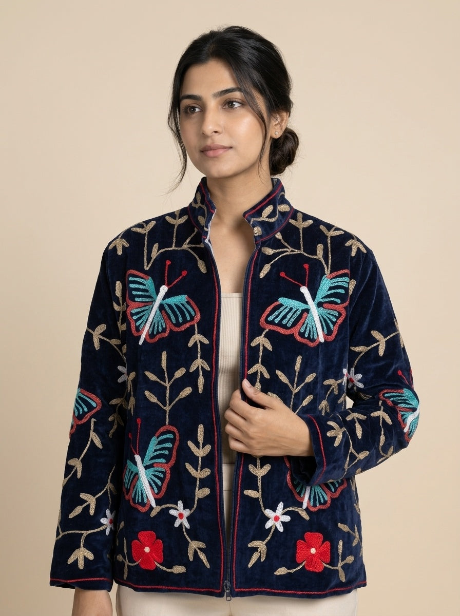 The Titli Bagh — Suzani Hand-Embroidered Velvet Jacket — Midnight Navy with Turquoise Butterflies & Gold Vines