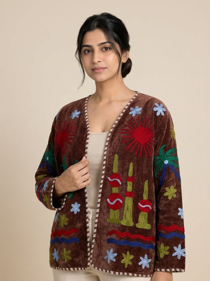 The Desert Sun Wrap — Suzani-Embroidered Velvet Jacket — Espresso Brown