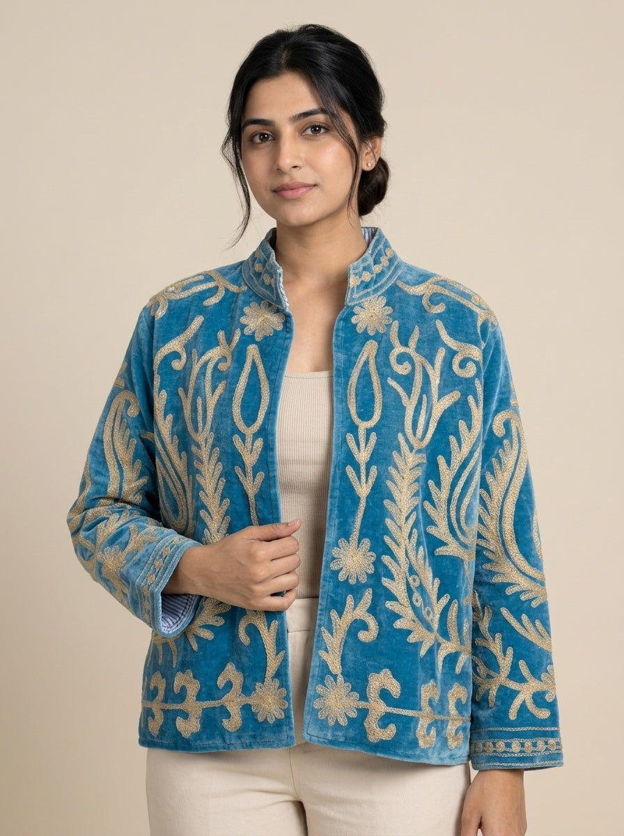The Samarkand Peacock — Suzani Embroidered Velvet Jacket — Cerulean Blue