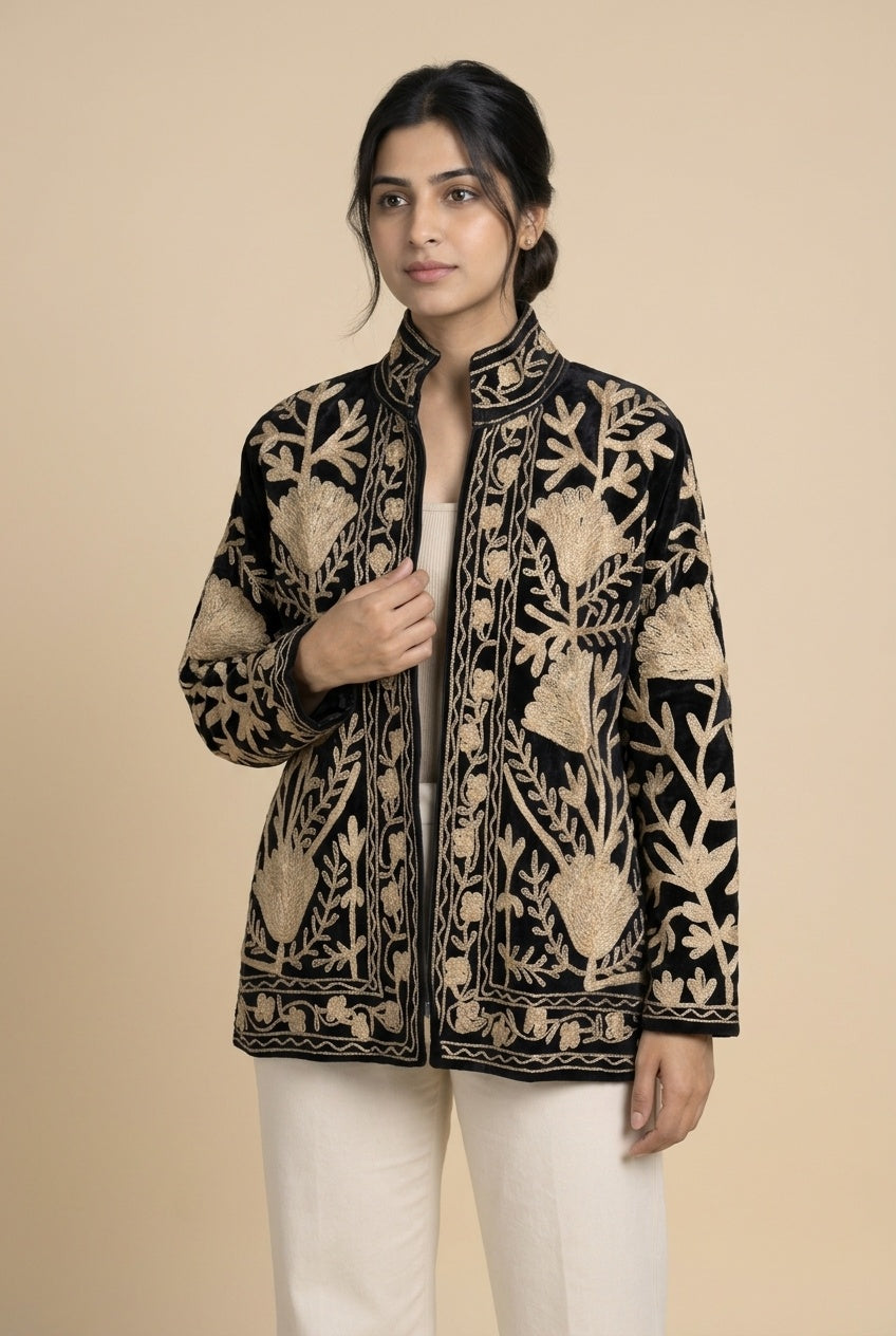 The Tilla Noir — Suzani Hand-Embroidered Velvet Jacket — Jet Black with Antique Gold Tulip & Vine Motifs