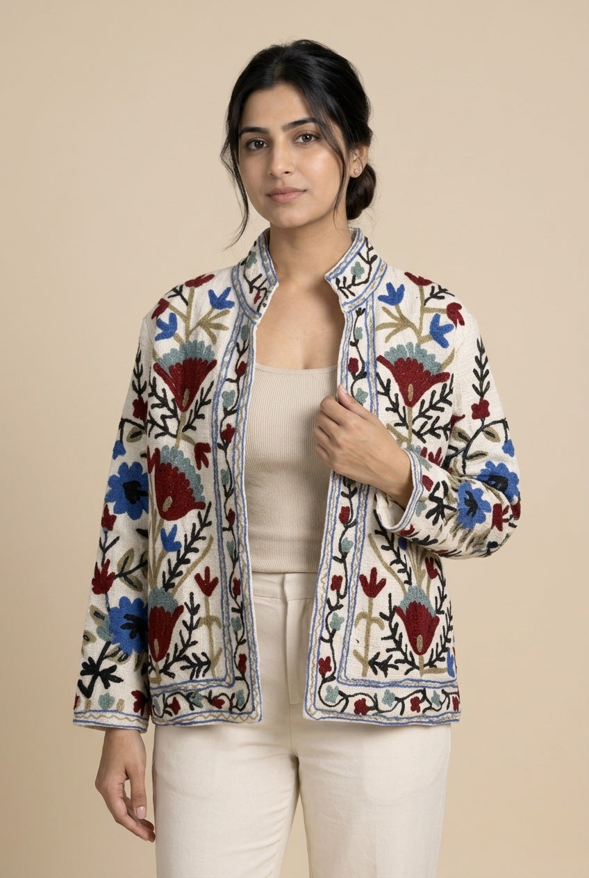 The Bagh-e-Suzani — Hand-Embroidered TNT Cotton Jacket — Ivory with Maroon & Indigo Florals