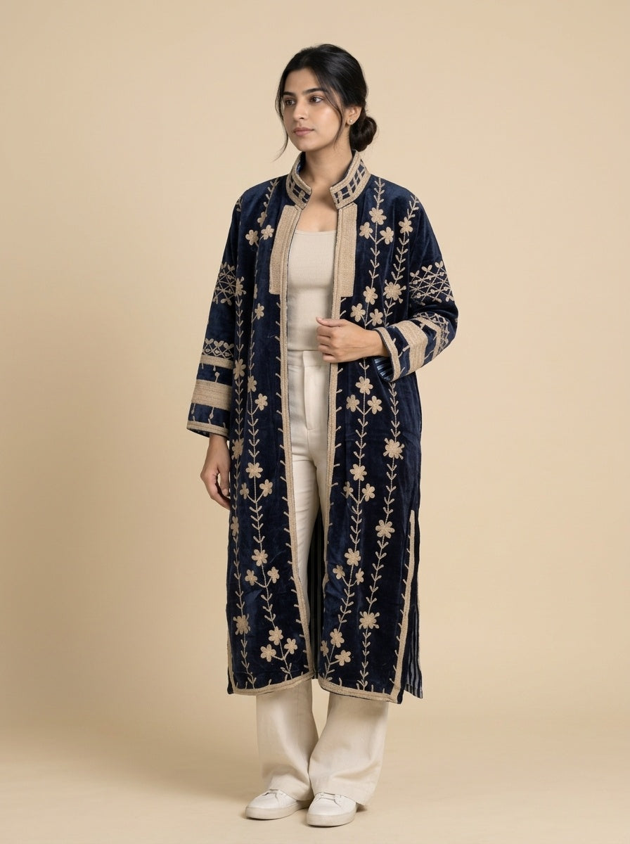 The Midnight Vine — Suzani Hand-Embroidered Velvet Kimono — Navy & Antique Gold