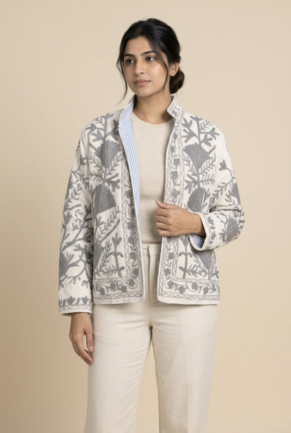 The Kashida Snowfield — Suzani Hand-Embroidered Velvet Jacket — Ivory with Dove Grey Florals