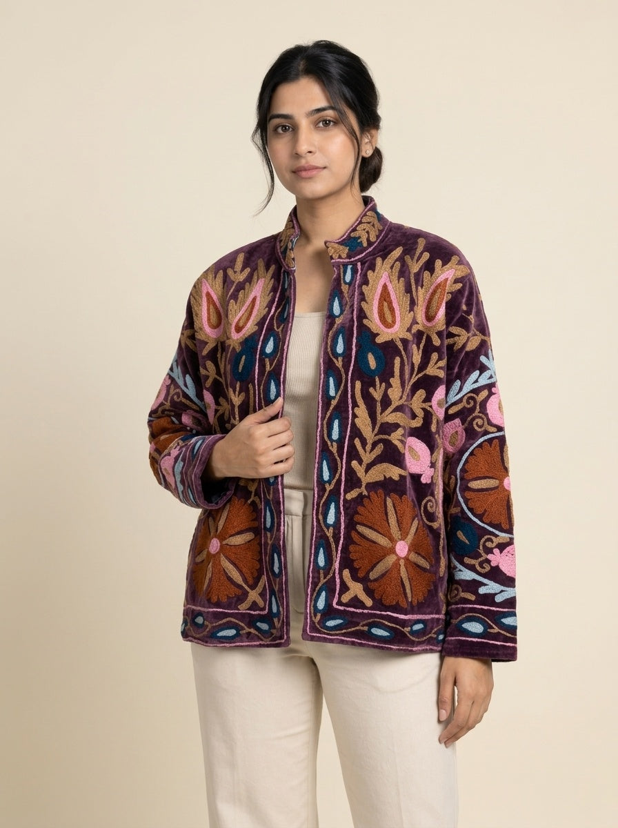 The Shiraz Anar — Suzani Hand-Embroidered Velvet Jacket — Aubergine Plum with Rust, Pink & Teal Florals