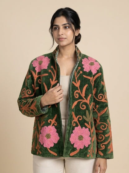 The Bagh-e-Gulab — Suzani Embroidered Velvet Jacket — Moss Green with Blossom Pink