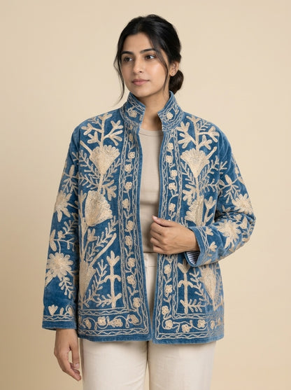 The Tulip Steppe — Suzani Hand-Embroidered Velvet Jacket — Steel Blue with Ivory Tulip Blooms