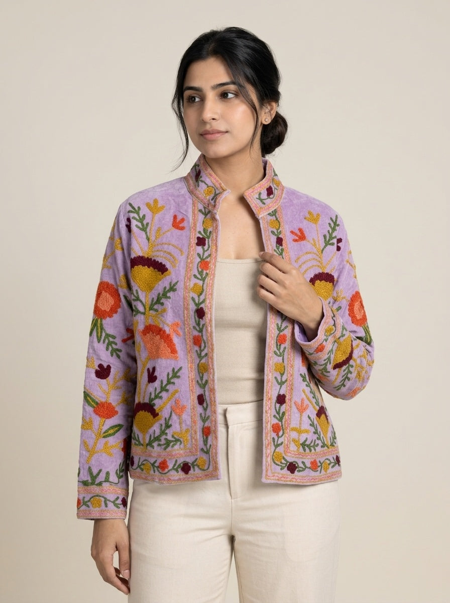 The Lilac Suzani — Suzani Embroidered Velvet Jacket — Lavender with Marigold, Rust & Wine Florals