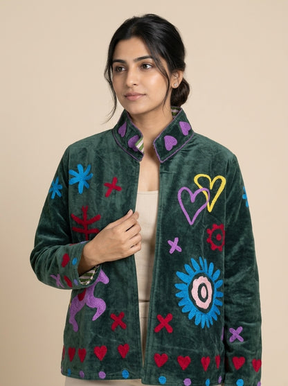 The Ghoda Yatra — Suzani Hand-Embroidered Velvet Jacket — Forest Green with Horse, Heart & Sunburst Motifs
