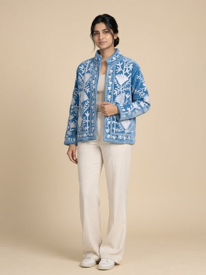 The Snowvine Thicket — Suzani Hand-Embroidered Velvet Jacket — Denim Blue with Ivory Floral Vinework