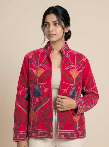 The Rani Reflection — Suzani Hand-Embroidered Velvet Jacket — Rani Pink with Rust, Slate & Olive Florals