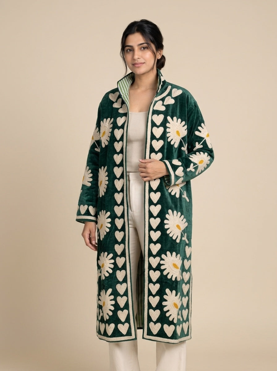 The Daisy Meadow Kimono — Suzani Chainstitch Velvet Jacket — Forest Green with Ivory Daisies