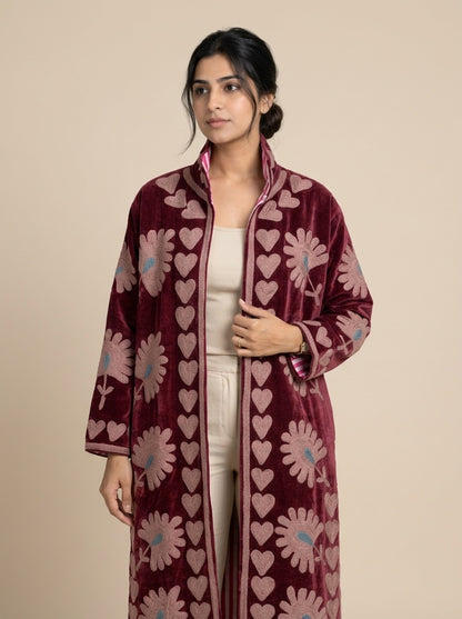 The Rani Bloom — Aari Chainstitch Velvet Kimono — Maroon with Dusty Rose Embroidery