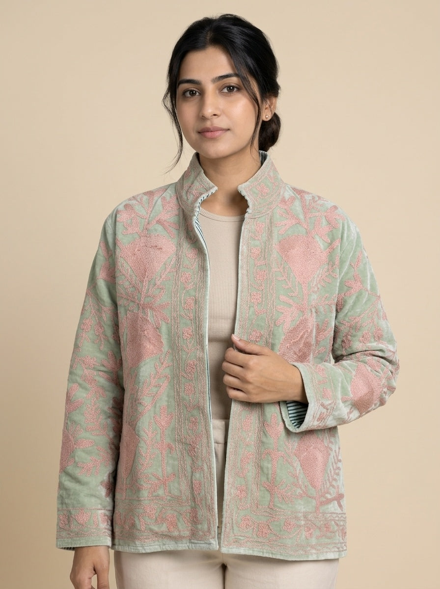 The Nasreen Orchard — Suzani Hand-Embroidered Velvet Jacket — Sage Green with Dusty Rose Florals