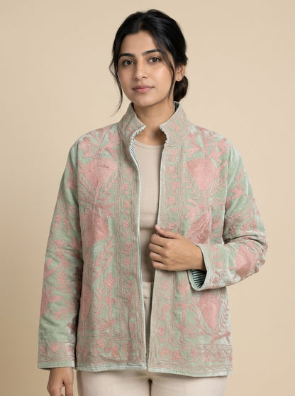The Nasreen Orchard — Suzani Hand-Embroidered Velvet Jacket — Sage Green with Dusty Rose Florals