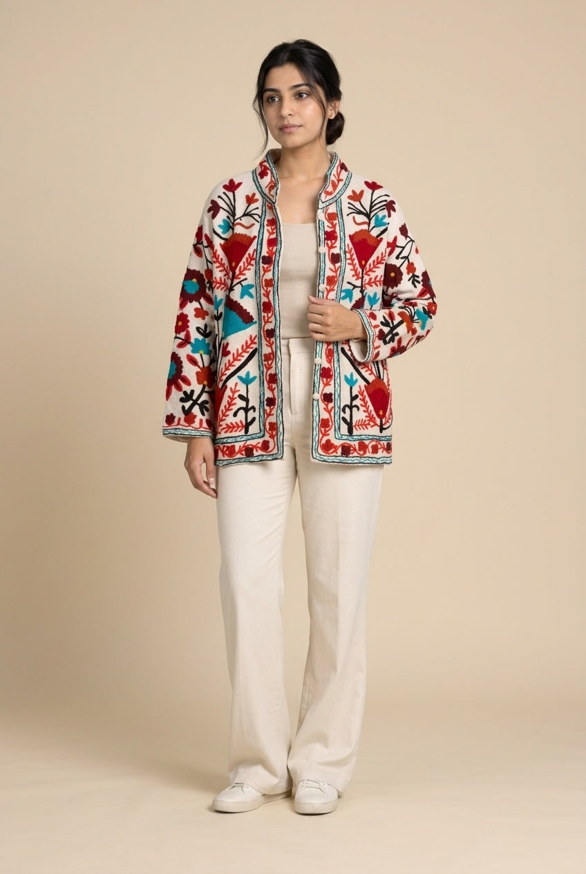 The Anaar Bloom — Suzani-Embroidered Cotton Jacket — Ivory with Crimson & Turquoise