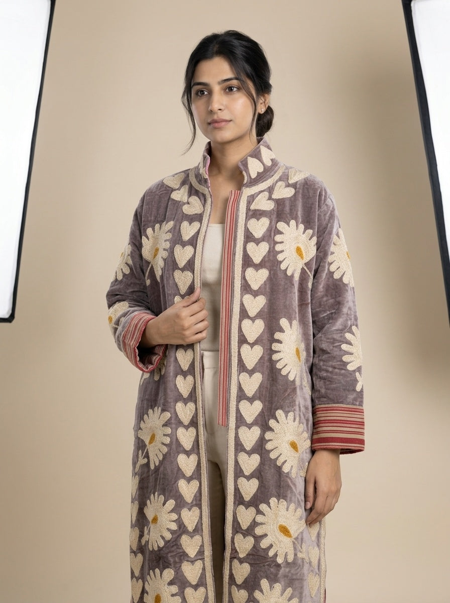 The Dusktide Suzani — Hand-Embroidered Velvet Kimono Jacket — Mauve Taupe with Ivory Daisies