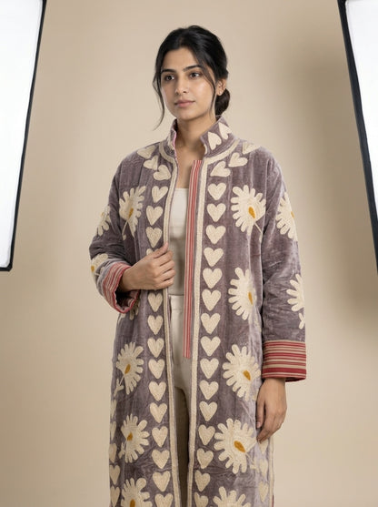 The Dusktide Suzani — Hand-Embroidered Velvet Kimono Jacket — Mauve Taupe with Ivory Daisies