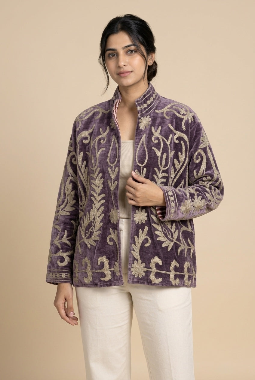 The Samarkand Bloom — Suzani-Embroidered Velvet Jacket — Dusk Mauve with Ivory Vinework