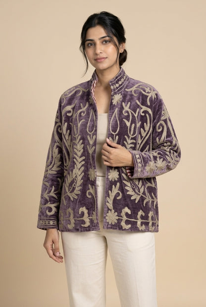 The Samarkand Bloom — Suzani-Embroidered Velvet Jacket — Dusk Mauve with Ivory Vinework