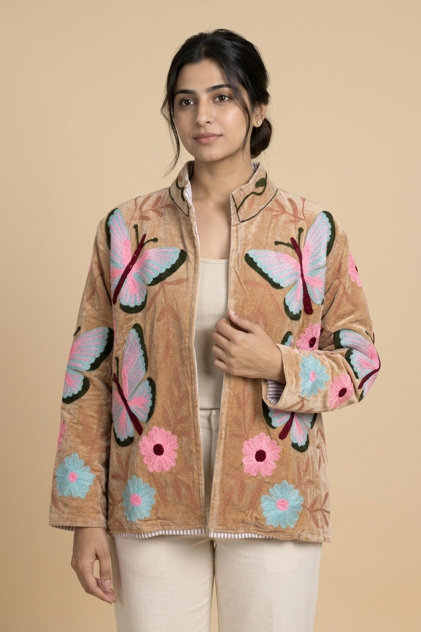 The Parwana Bostan — Suzani Hand-Embroidered Velvet Jacket — Camel Gold with Pink, Turquoise & Maroon Butterflies