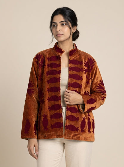 The Rangoli Koi — Suzani-Embroidered Velvet Jacket — Rust Orange with Maroon Fish & Bloom Motifs