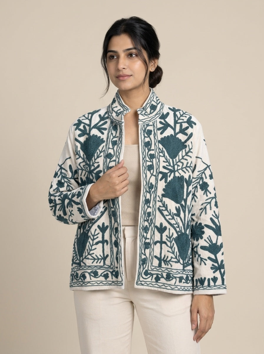 The Zumrud Bagh — Suzani Hand-Embroidered Velvet Jacket — Ivory with Deep Teal Florals