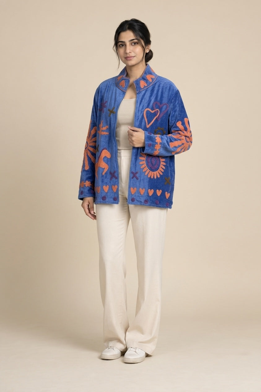 The Ashwa Mela — Suzani Hand-Embroidered Velvet Jacket — Cornflower Blue with Coral, Violet & Olive Folk Motifs