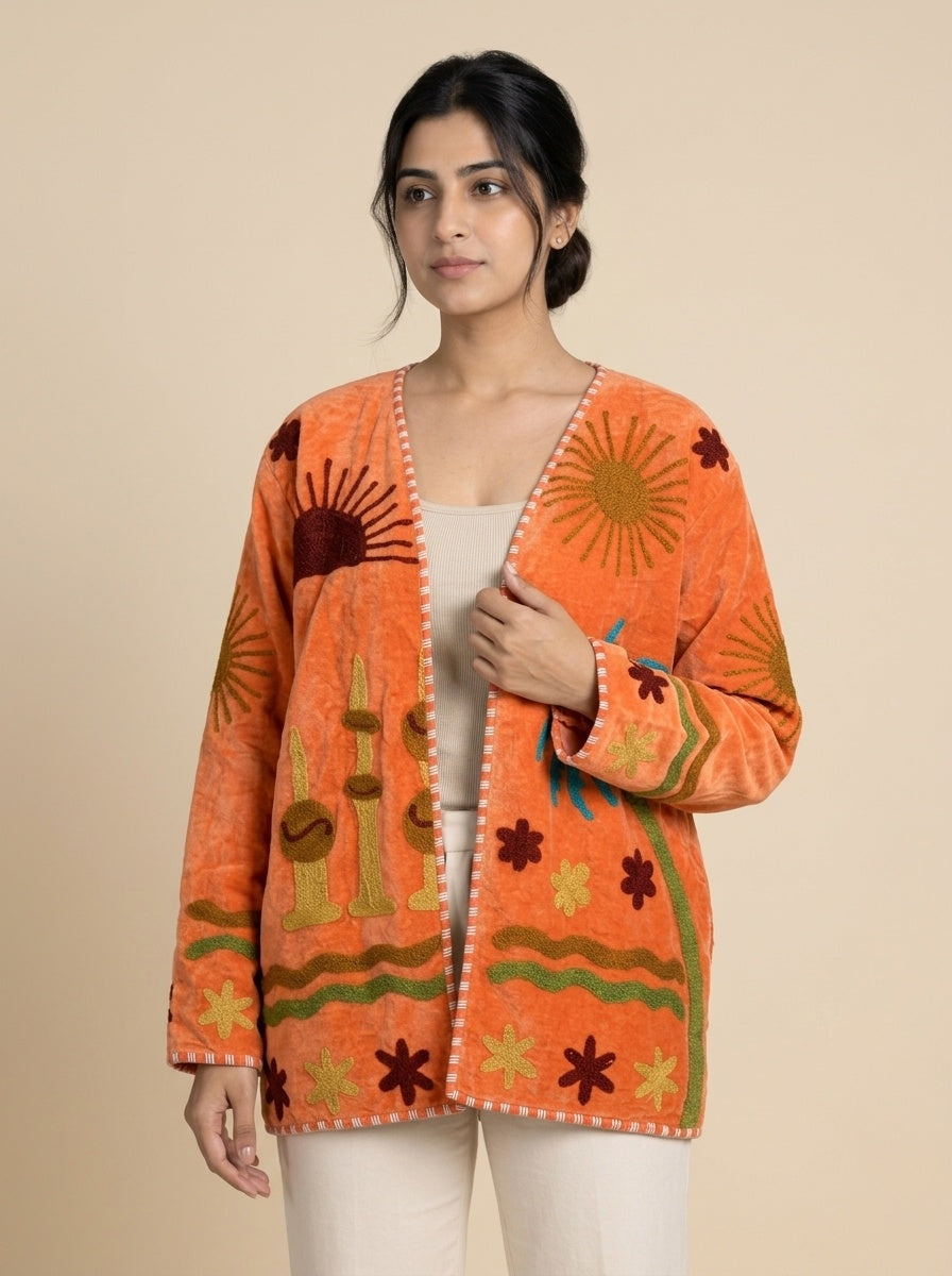 The Desert Oasis — Suzani-Embroidered Velvet Jacket — Sunbaked Orange