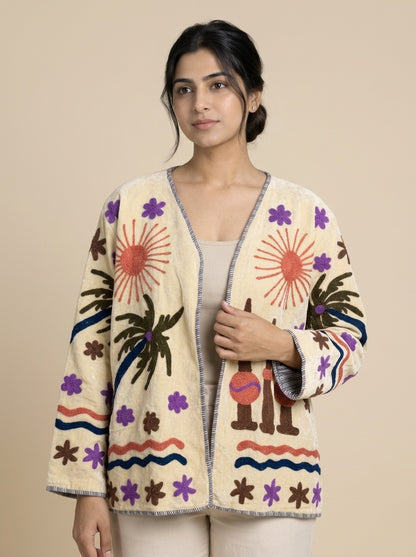 The Oasis Suzani — Hand-Embroidered Velvet Jacket — Ivory with Coral Sunbursts