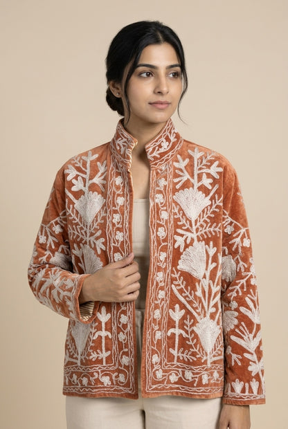 The Rustan Tulip — Suzani Hand-Embroidered Velvet Jacket — Rust Brown with Ivory Floral Vinework