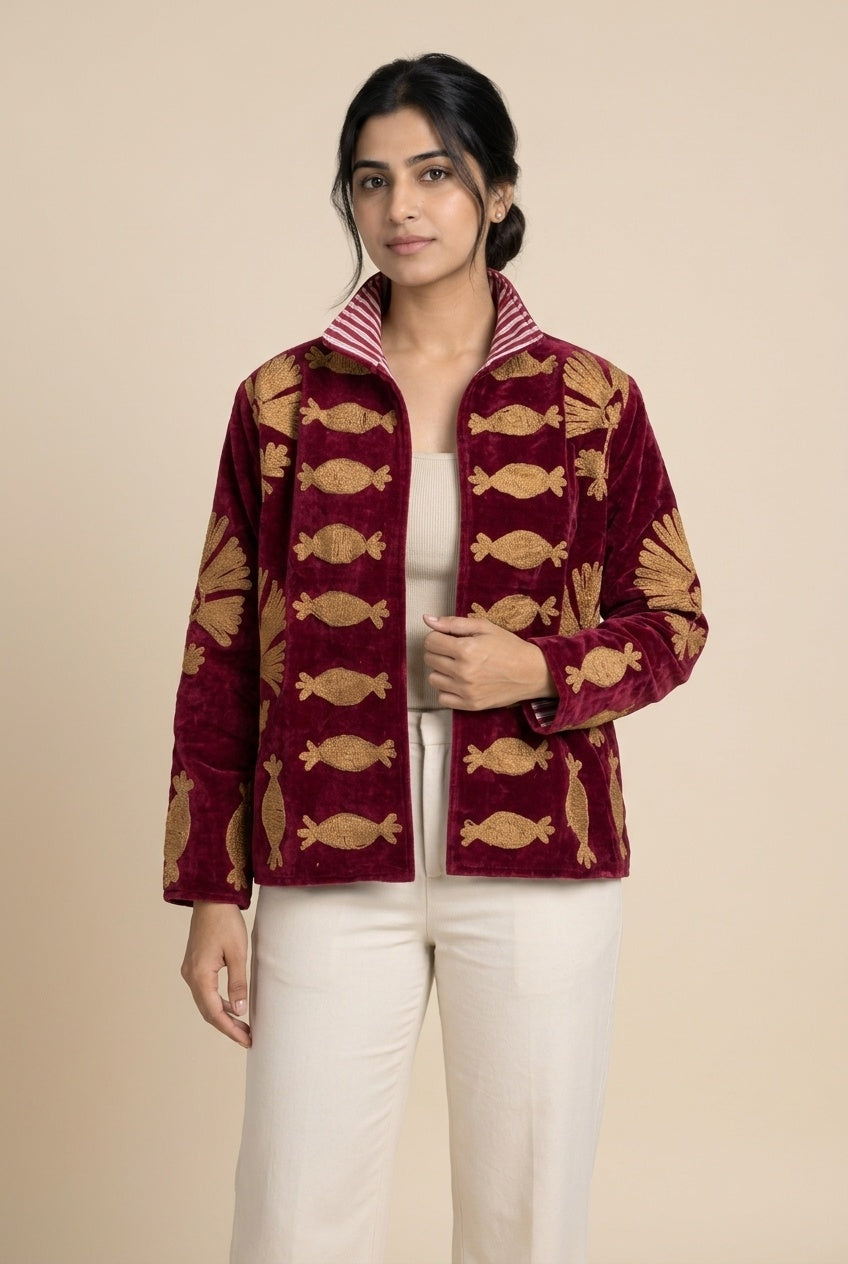 The Machli Bagh — Suzani Hand-Embroidered Velvet Jacket — Deep Maroon with Golden Fish & Palm Motifs