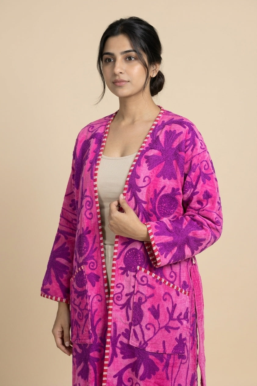 The Anarkali Bloom — Suzani Hand-Embroidered Velvet Kimono — Fuchsia Pink with Violet Pomegranate Motifs