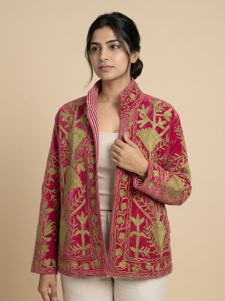 The Anarkali Vine — Suzani Hand-Embroidered Velvet Jacket — Rani Pink with Olive Gold Pomegranates